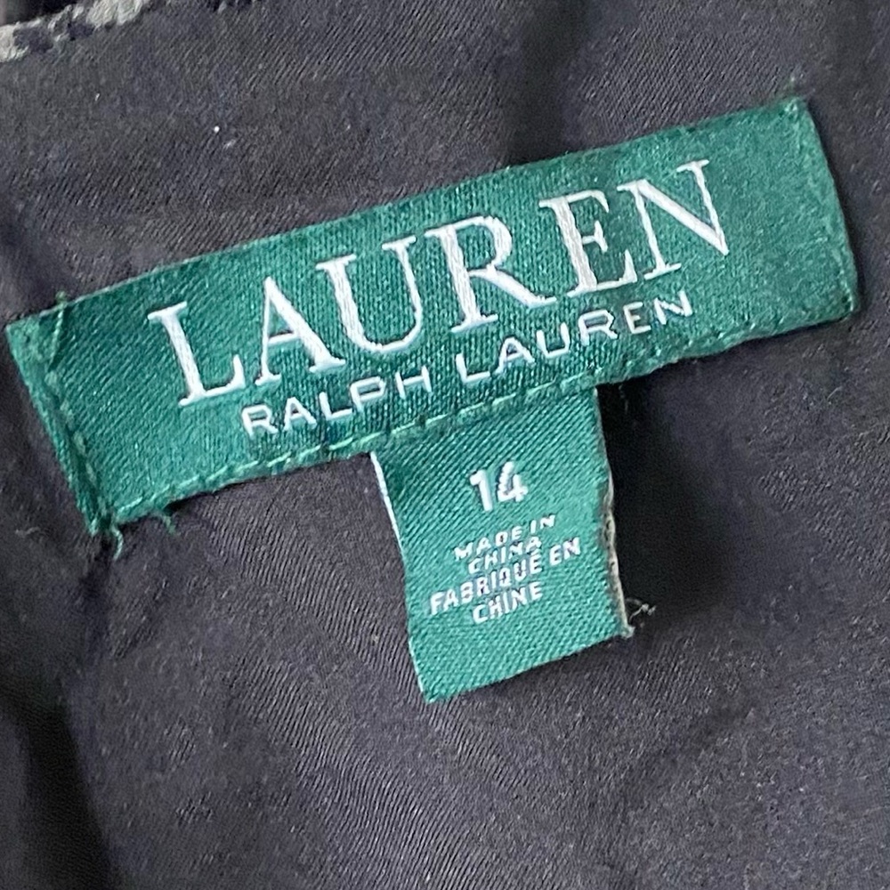 Lauren Ralph Lauren Black/Gray Lined V-Neck Faux Wrap Sheer Sleeve Dress Sz 14 - Picture 2 of 11